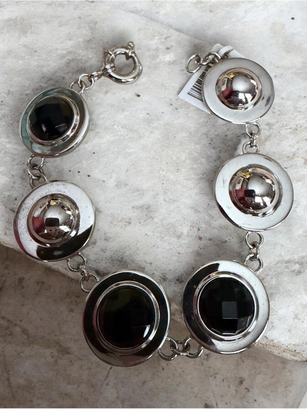 Sterling Silver Tone Black Stone Link Bracelet